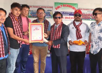 त्रिदेशीय प्रतियोगितामा गोल गर्ने सन्जोक राईलाई धरानमा एन्फाद्वारा सम्मान